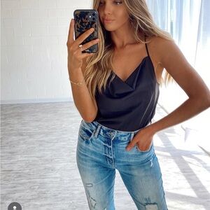 Satin Cowl Neck Spaghetti Strap Bodysuit - Black